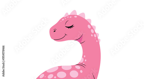 Cute pink dinosaur with closed eyes and white spots is shown in profile against a simple and clean white background.