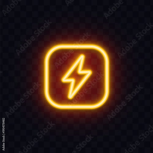 Neon lightning icon inside a rounded square frame. Glowing electric sign with vibrant yellow light on dark transparent background. Ideal for power, technology and charging concepts.