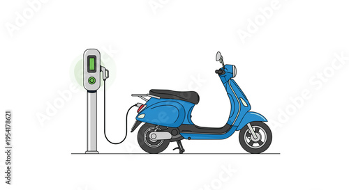 A blue electric scooter is plugged into a charging station on a white background.