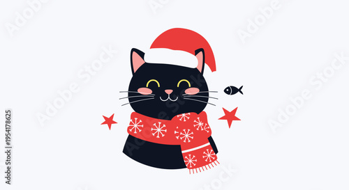 Black cat wearing a red Santa hat and a matching scarf with snowflakes looks at a tiny fish on a pale blue background.