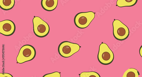 Ripe halved avocados with large brown pits are scattered in a repeating pattern across a bright solid pink background.