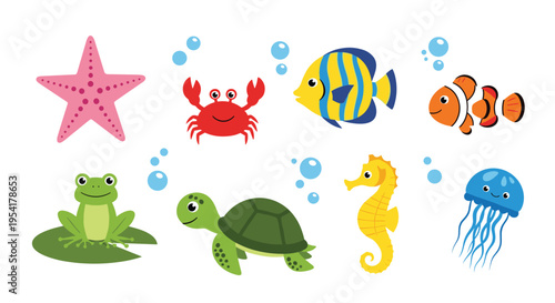 Underwater scene includes a starfish, crab, various fish, sea turtle, seahorse, frog, and jellyfish in a cute style.