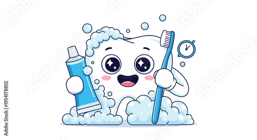 Happy cartoon tooth character holding a blue toothbrush and a tube of toothpaste covered in soapy bubbles for dental hygiene.