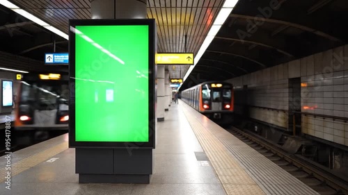 Green screen billboard advertisement on subway platform with train passing by