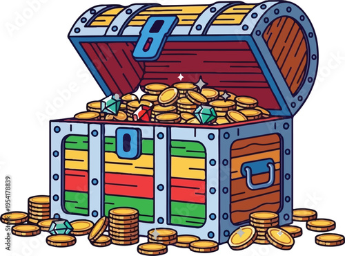 Open wooden treasure chest full of gold coins and gems