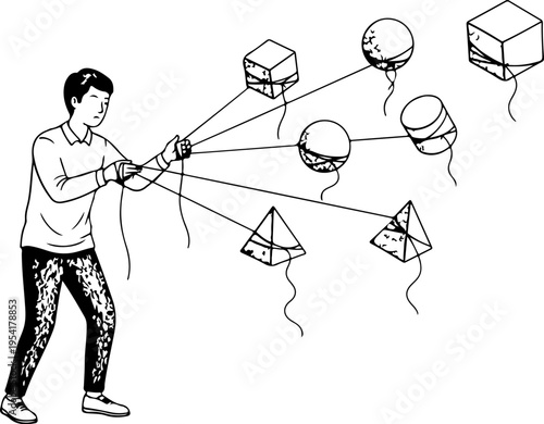 Monochrome vector illustration of a man holding multiple strings attached to various geometric shapes, depicting control and manipulation, ideal for business concepts and abstract designs.