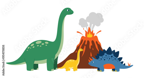 Collection of cute dinosaurs including a long necked brachiosaurus and stegosaurus standing near an erupting volcano with smoke.