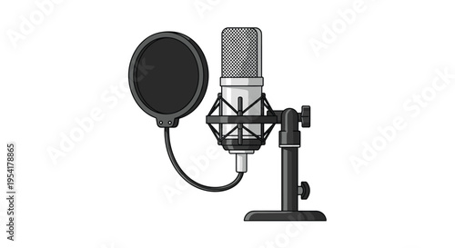 A studio condenser microphone with a pop filter and shock mount is affixed to a desk stand on a white background.