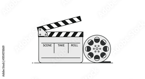 An open clapperboard with production details stands beside a film reel on a clean white background.