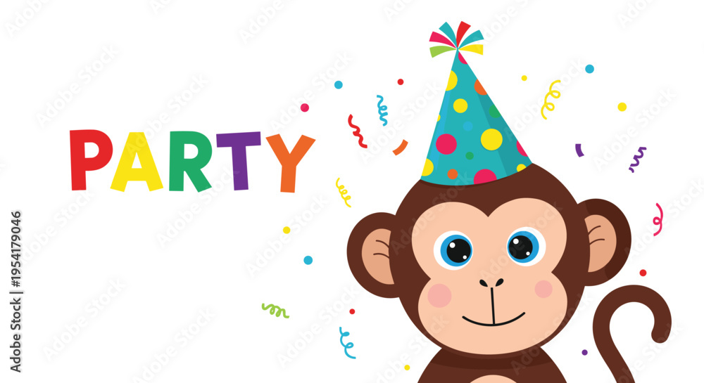Fototapeta premium Cute brown monkey wearing a colorful polka dot party hat surrounded by confetti with the word party in colorful letters.