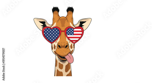 Funny giraffe head sticking its tongue out and wearing heart shaped sunglasses with the american flag pattern.