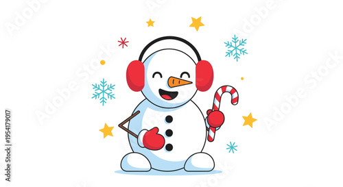 Happy snowman character wearing red earmuffs and headphones while holding a candy cane surrounded by snowflakes and stars.