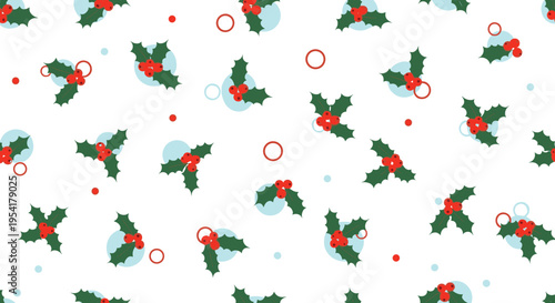 Festive christmas pattern with repeating branches of green holly leaves and red berries mixed with light blue circles on white.