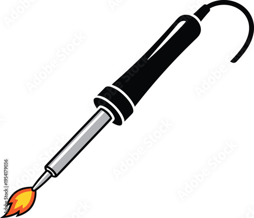 Minimalist black and grey silhouette icon of an industrial soldering iron or gas torch with a small orange flame for precision metalwork and electronics repair welder silhouette AI Generative
