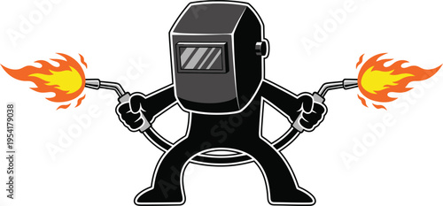 Professional black silhouette illustration of a welder wearing a mask and holding two industrial gas torches with orange flames for metalwork and heavy duty fabrication welder silhouette AI Generative