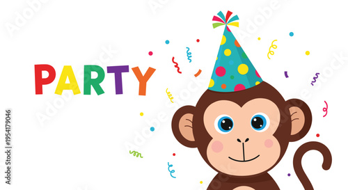 Cute brown monkey wearing a colorful polka dot party hat surrounded by confetti with the word party in colorful letters.