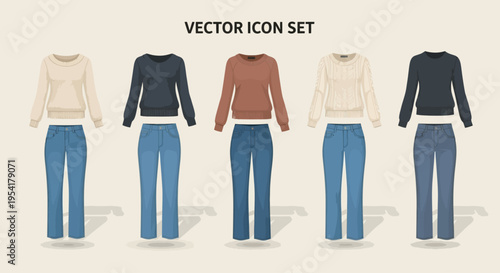 Vector icons of various clothing sets.