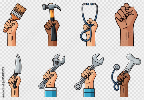 Set of 8 diverse hands holding various tools and a raised fist, representing labor, work, and different professions in a flat vector illustration style.