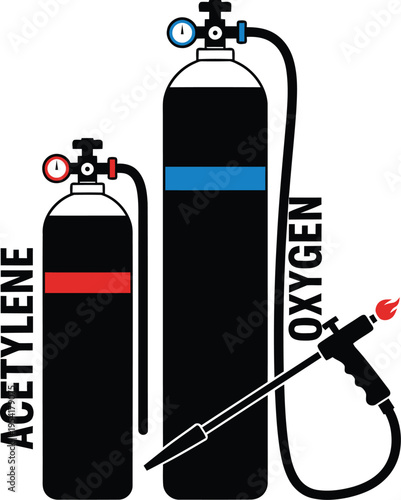 Industrial acetylene and oxygen gas tanks with pressure gauges and a burning torch for professional gas welding and metal cutting technology design welder silhouette AI Generative

