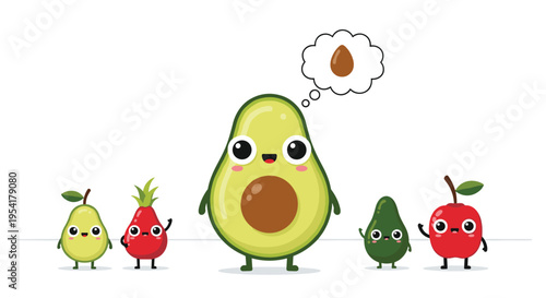 Happy avocado character standing among other fruits including a pear, strawberry, and apple while thinking of its pit.