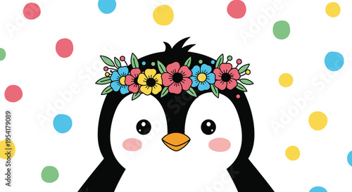 Adorable baby penguin wearing a colorful flower crown against a background of soft pastel colored polka dots.