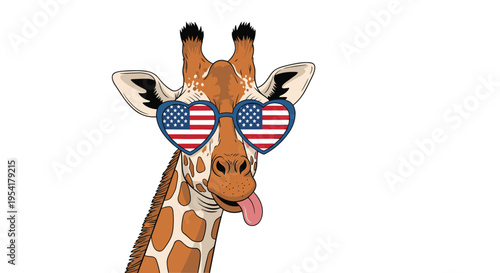 Close up portrait of a giraffe head sticking its tongue out and wearing american flag heart shaped sunglasses on white.