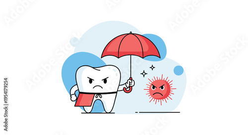 Brave cartoon tooth holding a red umbrella as a shield while facing an angry red germ or virus character.