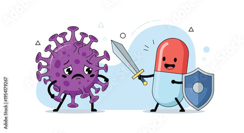 Happy blue and red pill character holding a sword and shield while facing a sad and defeated purple virus character.