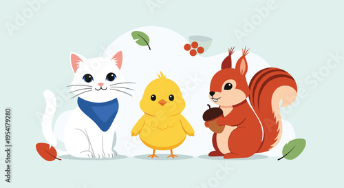 Trio of cute animal friends including a white cat with a blue bandana, a yellow chick, and a squirrel with an acorn.