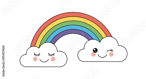 Colorful rainbow arching between two cute white clouds with rosy cheeks and expressive faces on a plain white background.