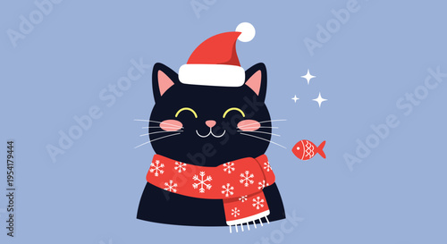 Cute black cat wearing a red Santa hat and a snowflake patterned scarf next to a small fish on a blue background.