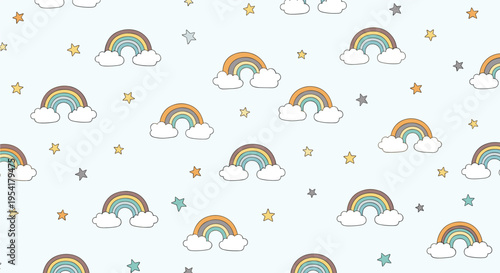 Gentle seamless pattern featuring colorful rainbows and various colored stars on a very light blue background for children.