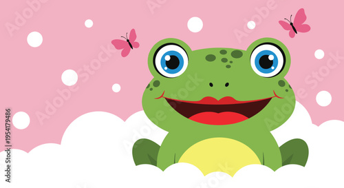 Close up of a green smiling frog face with large blue eyes and red lips surrounded by pink butterflies and white dots.