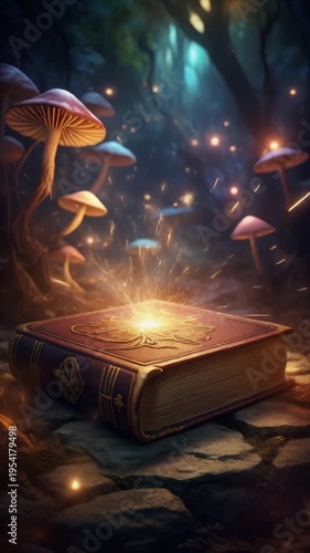 Mysterious glowing book on stone in enchanted forest with mushrooms