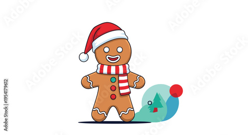Traditional gingerbread man cookie wearing a red Santa hat and a striped scarf standing in a winter landscape with a tree.