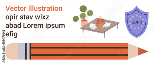 Data protection, creative workspace, privacy regulations, compliance, office environment, education tools. Shield with GDPR branding and workspace elements. Data protection and creative workspace