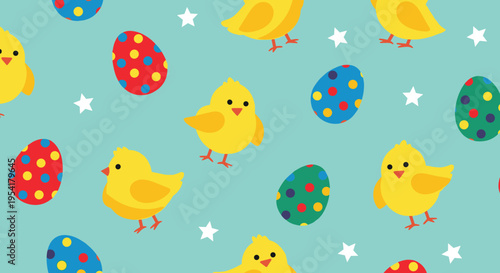Bright Easter seamless pattern featuring yellow baby chicks and colorful spotted eggs with white stars on a teal background.