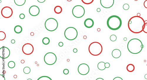 Simple abstract pattern of various sized red and green circle outlines scattered across a clean white background for design.