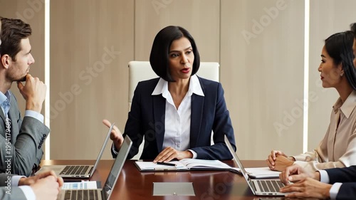 Meeting, discussion and collaboration in a boardroom setting with diverse professionals reviewing documents during a strategic planning session. Leadership, teamwork and communication with female