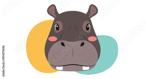 Cute grey hippopotamus head with pink cheeks and white teeth against a background of yellow and teal abstract circles.
