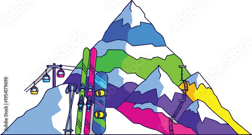 Colorful Ski Resort Mountain with Chairlift Winter Sports Vector Illustration