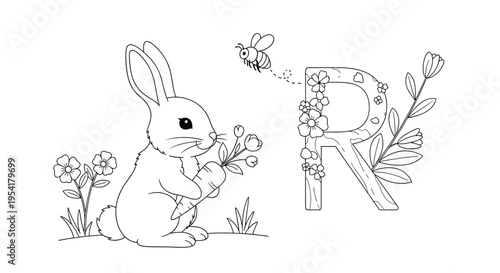 Detailed coloring page for children featuring a rabbit holding a carrot next to a flower filled letter R and a bee.