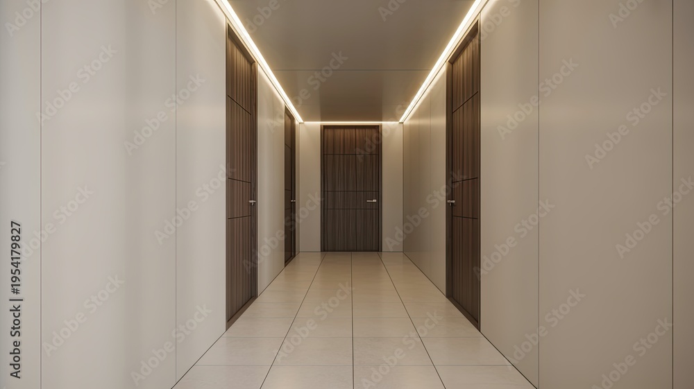Fototapeta premium A long, modern hallway with white walls and brown doors