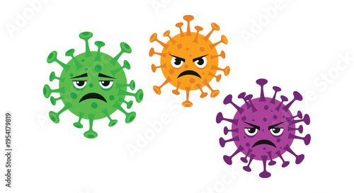 Group of three grumpy coronavirus characters in green, orange, and purple with mean expressions on a white background.