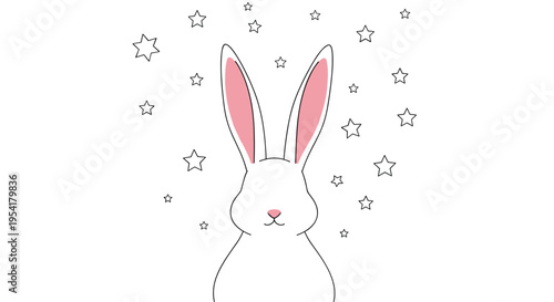 Elegant line art of a white bunny head with pink ears surrounded by delicate outline stars on a plain white background.