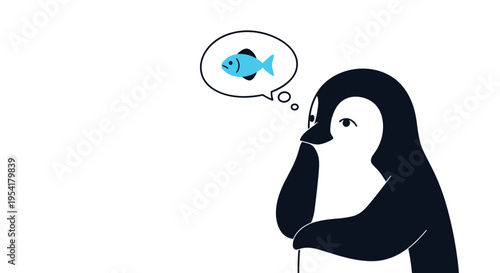 Thoughtful penguin character looking up at a blue fish in a thought bubble against a clean white background for storytelling.