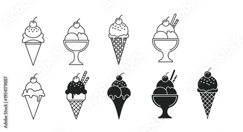 Collection of various ice cream cones and bowls in both outline and solid black silhouette styles for dessert menu design.