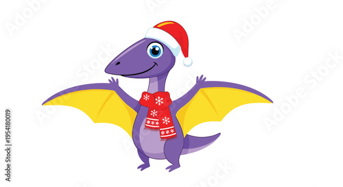 Friendly purple pterodactyl dinosaur wearing a red Santa hat and a festive snowflake scarf for the Christmas holidays.