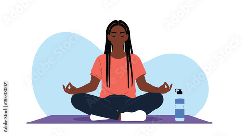 Calm African American woman with long braids practices meditation while sitting in a lotus position on a purple yoga mat with water.