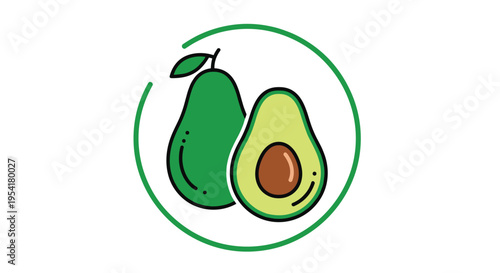 Healthy avocado fruit illustration featuring a whole green avocado and a half with a pit inside a circular frame.